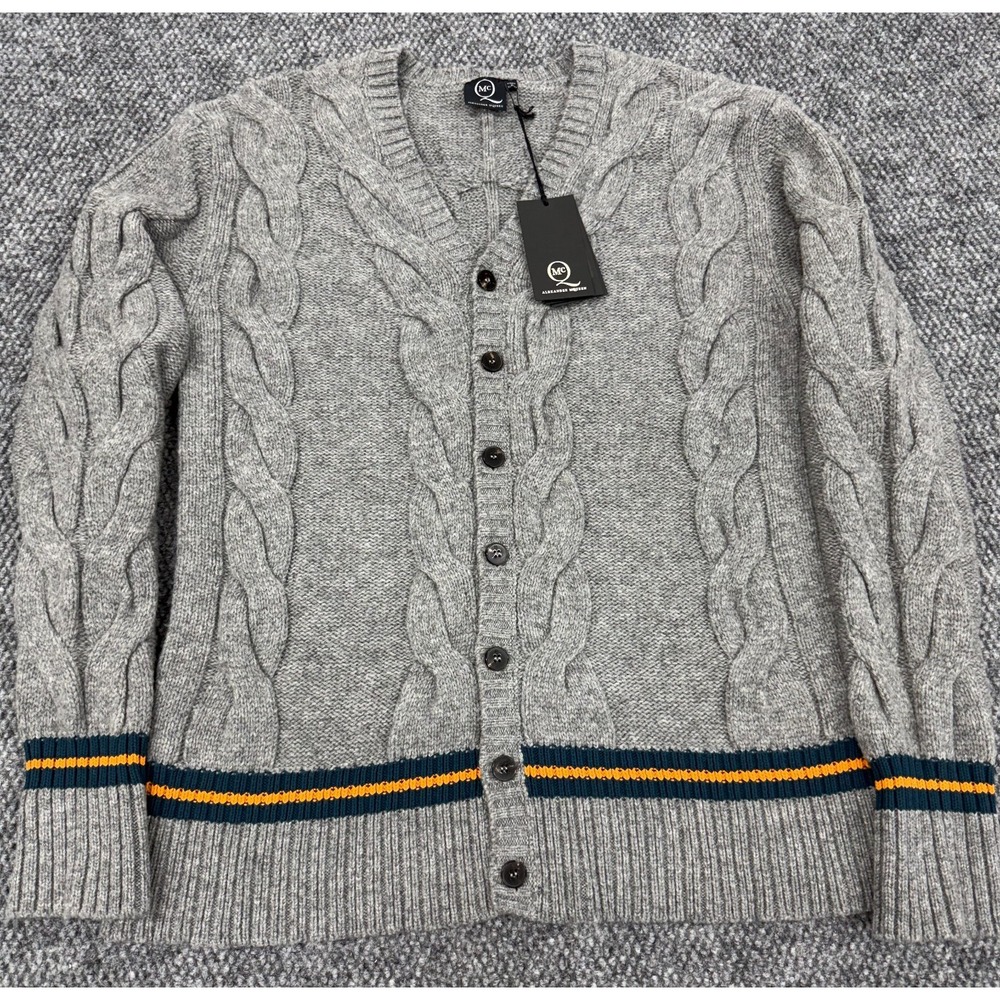 Alexander McQueen Men's Large Wool Cardigan Button Sweater Gray Cable Knit - New